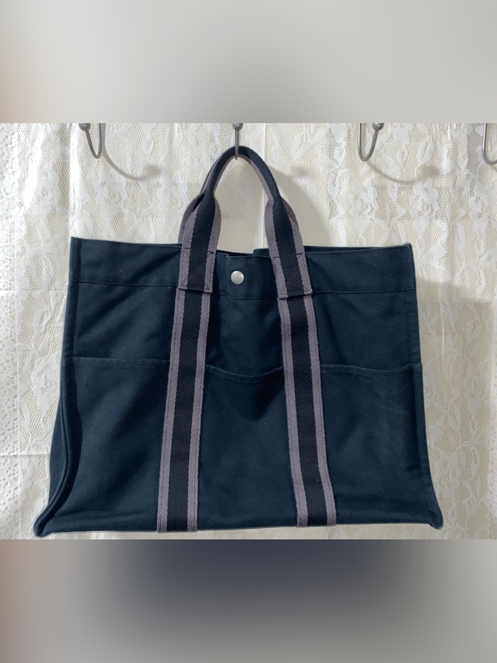 Black Canvas Tote Bag with Gray-Striped Handles - Men Bags